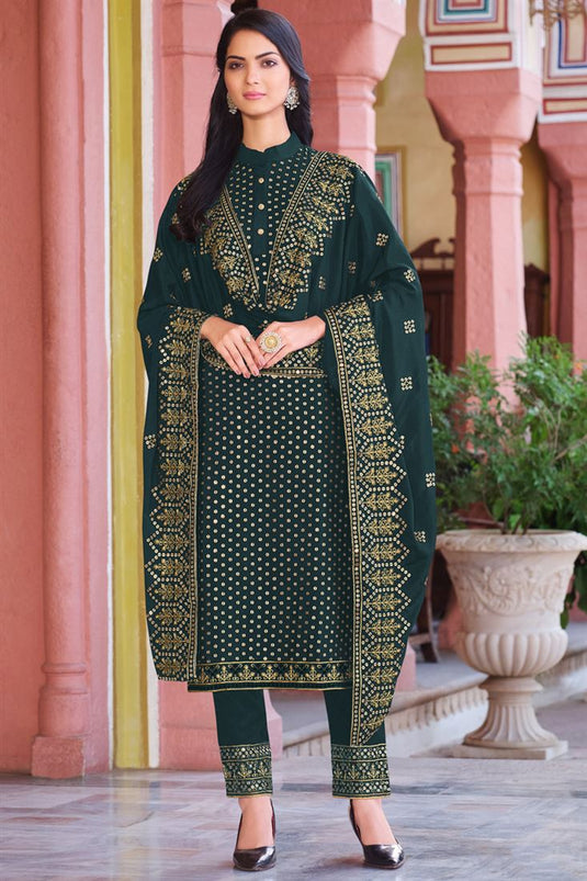 Georgette Fabric Sequins Work Beatific Salwar Suit In Dark Green Color