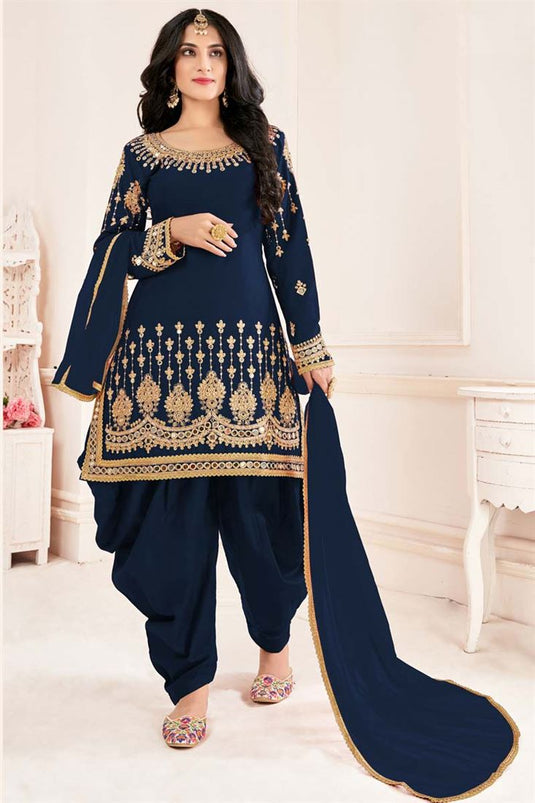 Festival Wear Art Silk Fabric Navy Blue Color Embroidered Patterned Patiala Suit