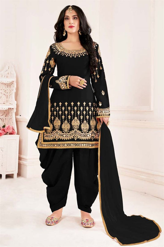 Black Color Festival Wear Embroidered Solid Patiala Suit In Art Silk Fabric