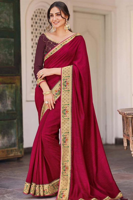 Magnificent Border Work On Maroon Color Festival Wear Saree In Art Silk Fabric