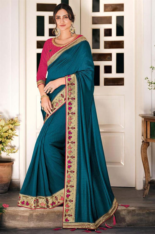 Fashionable Border Work On Art Silk Fabric Festival Wear Saree In Teal Color