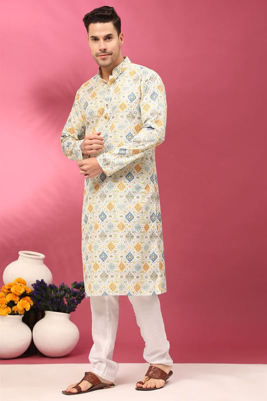 Art Silk Off White Color Wedding Wear Readymade Designer Men Kurta