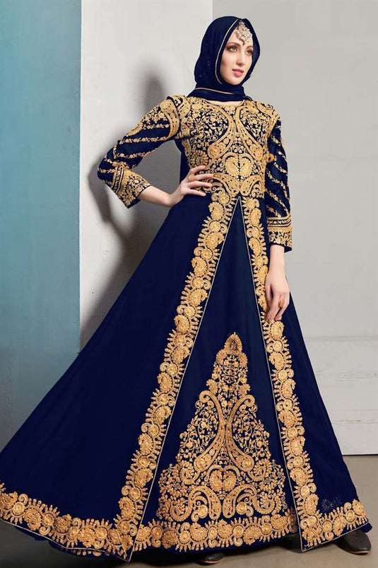 Beguiling Embroidered Work On Navy Blue Color Georgette Fabric Sangeet