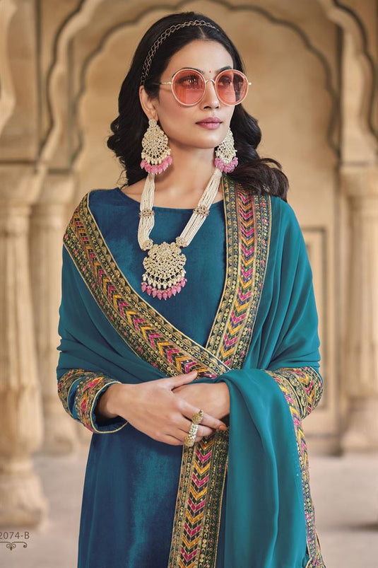 Function Wear Teal Color Elegant Velvet Salwar Suit