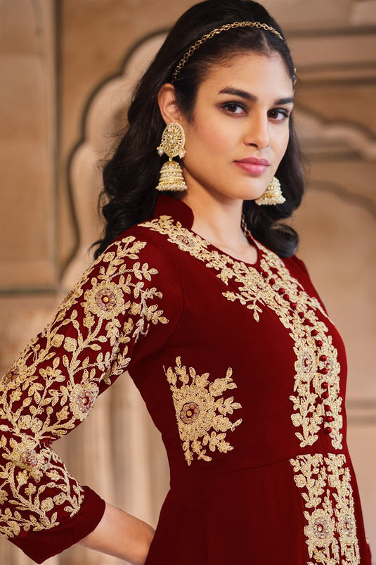 Function Wear Georgette Fabric Radiant Maroon Color Anarkali Suit