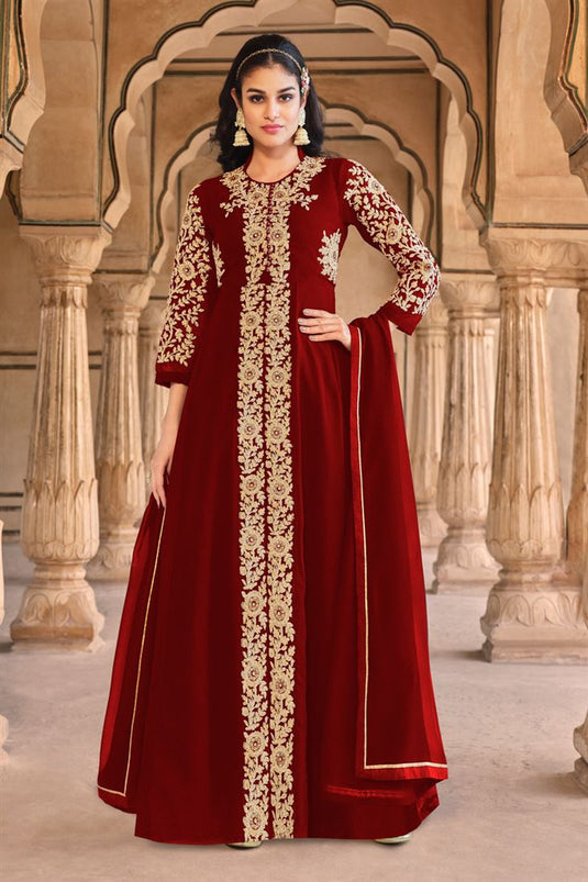 Function Wear Georgette Fabric Radiant Maroon Color Anarkali Suit