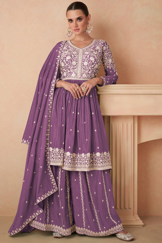 Eugeniya Belousova Exclusive Purple Color Readymade Palazzo Suits In Chinon Silk Fabric