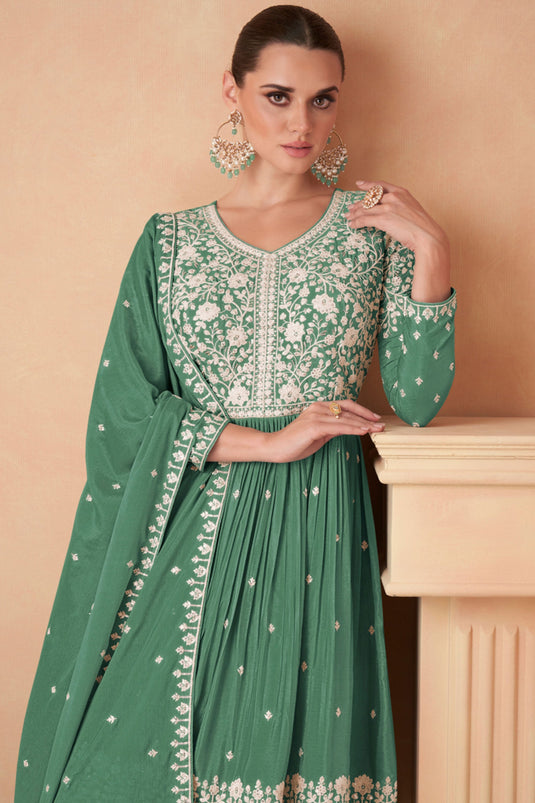 Eugeniya Belousova Green Color Exquisite Readymade Palazzo Suits In Chinon Silk Fabric