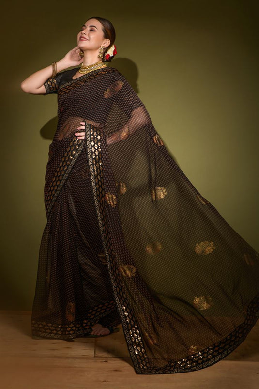 Chic Georgette Black Color Saree with Foil Printed