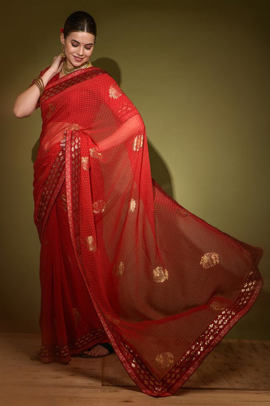 Beautiful Georgette Red Color Saree with Sequins Work and Lace Border