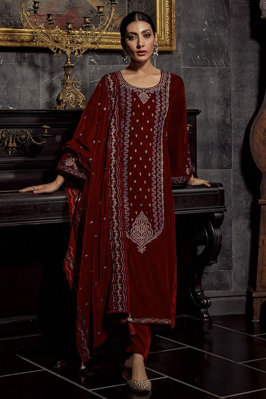 Charming Maroon Color Party Look Velvet Salwar Suit