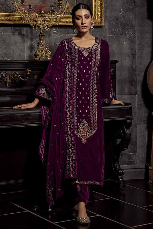 Purple Color Supreme Party Look Velvet Salwar Suit