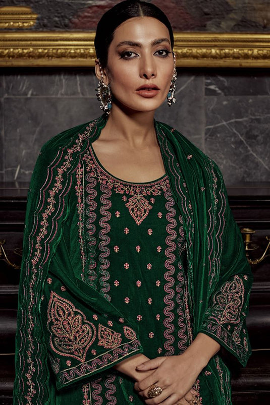 Alluring Green Color Party Look Velvet Salwar Suit