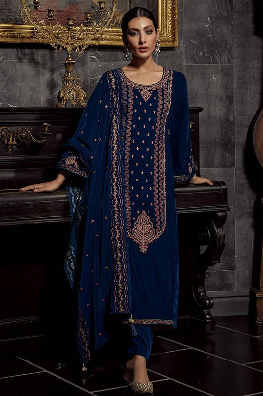 Excellent Blue Color Party Look Velvet Salwar Suit