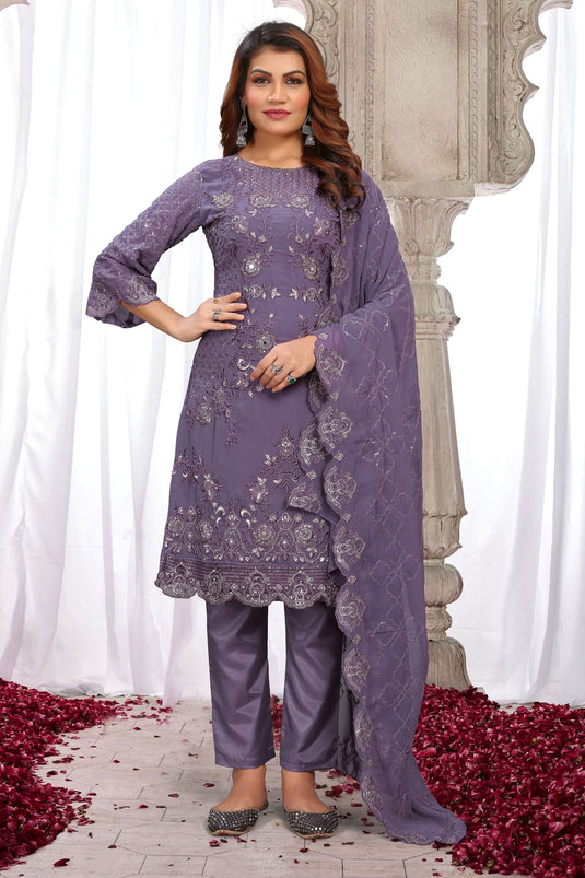 Georgette Fabric Lavender Color Embroidered Sequins Work Winsome Salwar Suit