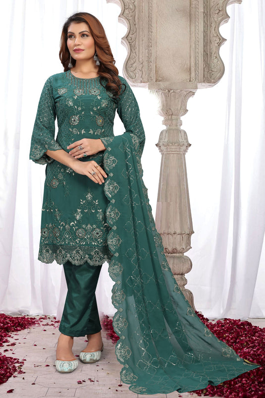 Teal Color Georgette Fabric Embroidered Sequins Work Awesome Salwar Suit
