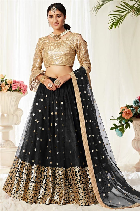 Sangeet Wear Fancy Black Color Sequins Work Net Fabric Lehenga Choli