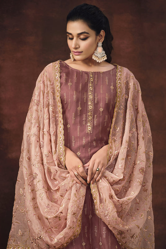 Organza Fabric Fancy Embroidered Function Wear Salwar Suit In Wine Color
