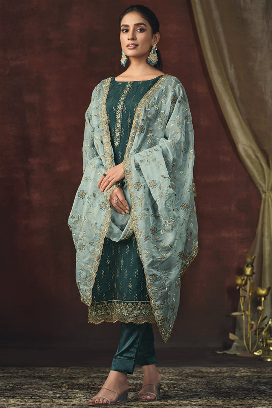 Teal Color Festive Wear Embroidered Salwar Kameez In Organza Fabric