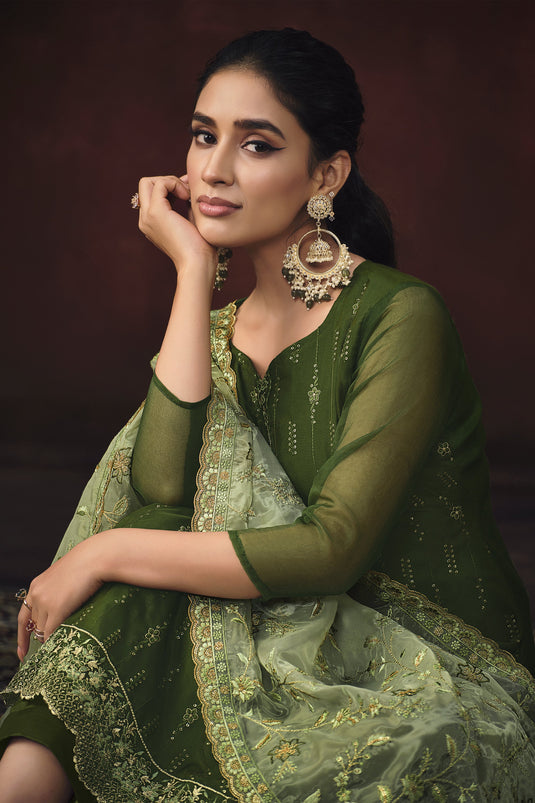 Function Wear Green Color Embroidered Salwar Suit In Organza Fabric