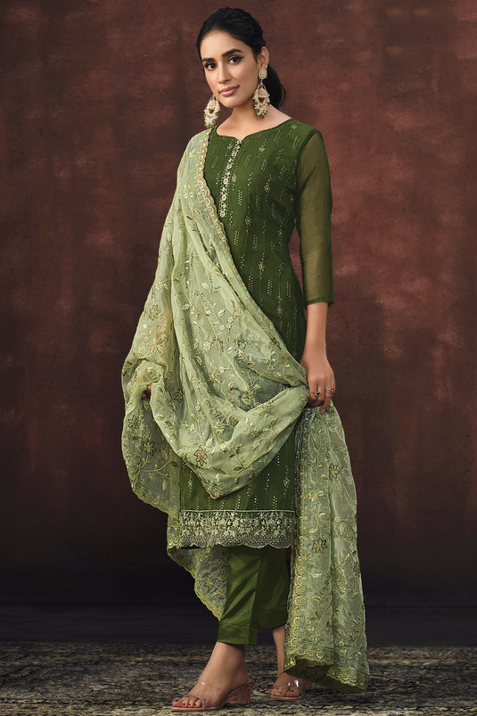 Function Wear Green Color Embroidered Salwar Suit In Organza Fabric