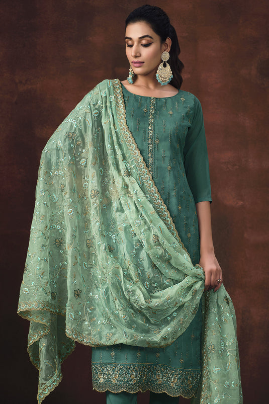 Teal Color Function Wear Embroidered Salwar Suit In Organza Fabric