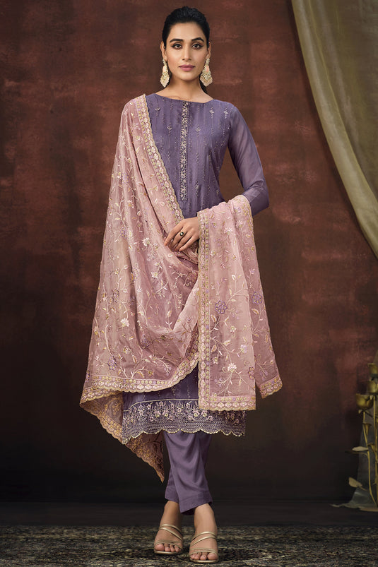 Festive Wear Embroidered Organza Fabric Salwar Kameez In Purple Color