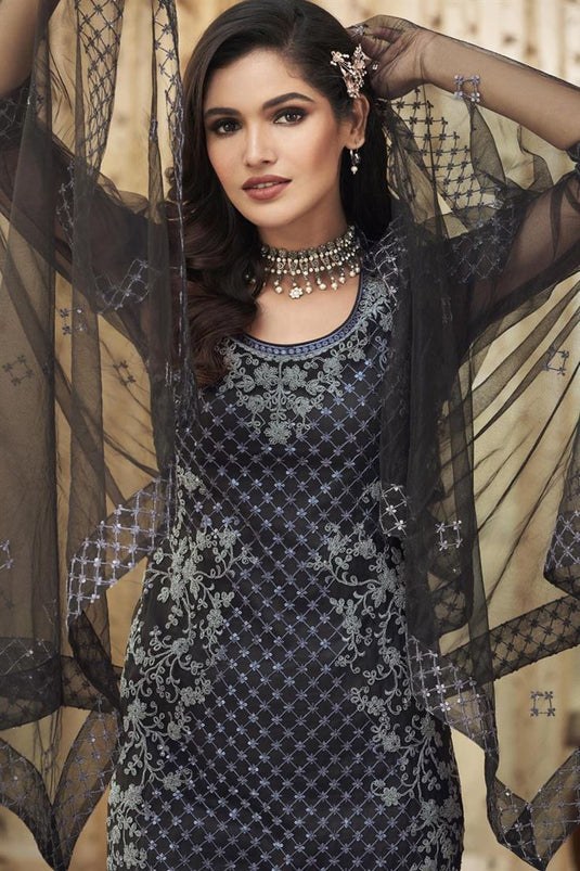Soothing Net Fabric Embroidered Party Wear Salwar Suit Featuring Vartika Singh In Black Color