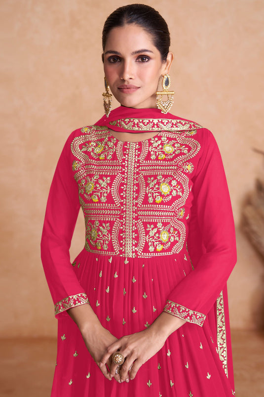 Embroidered Wedding Wear Sharara Style Readymade Lehenga In Rani Georgette Fabric