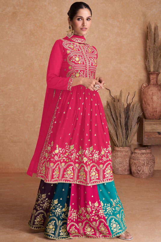 Embroidered Wedding Wear Sharara Style Readymade Lehenga In Rani Georgette Fabric