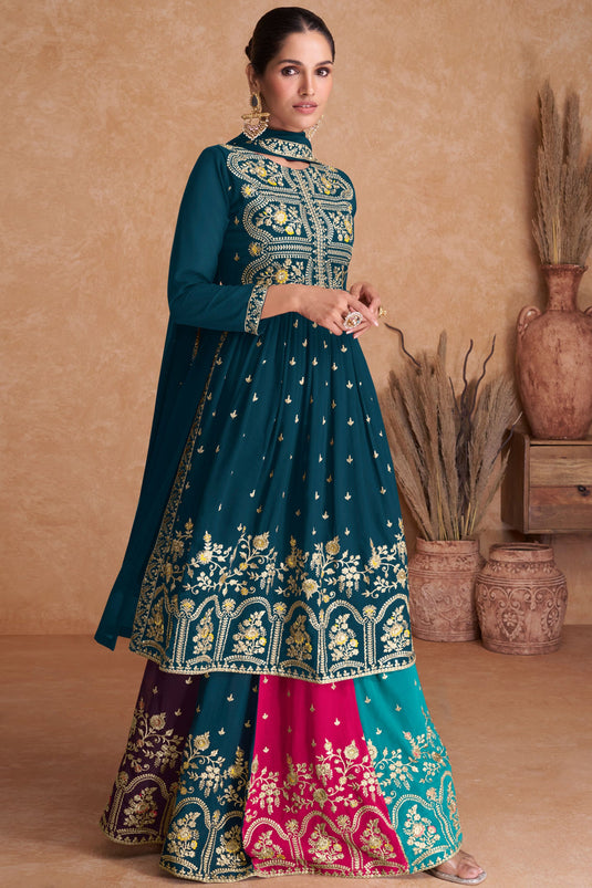 Embroidery Work On Teal Designer Sharara Style Readymade Lehenga In Georgette Fabric