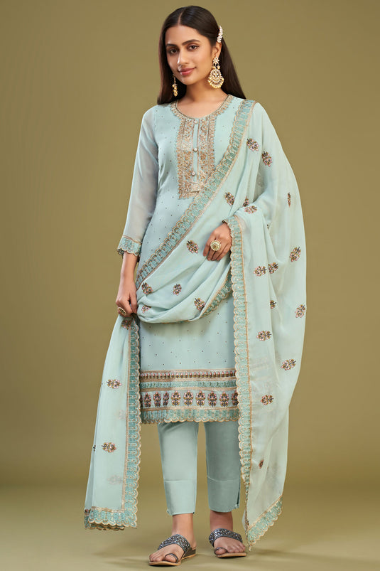 Light Cyan Color Vintage Georgette Salwar Suit With Embroidered Work