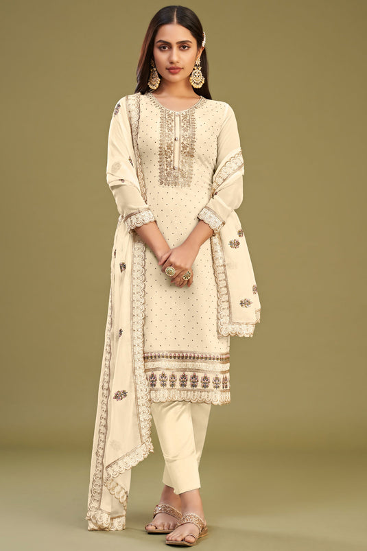 Beguiling Embroidered Work On Beige Color Georgette Salwar Suit