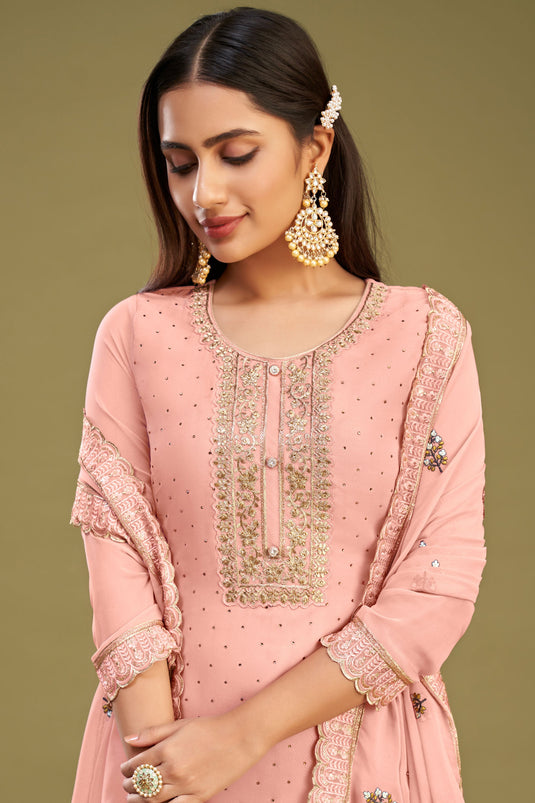 Incredible Embroidered Work On Peach Color Georgette Salwar Suit