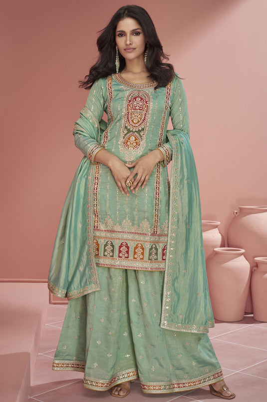 Vartika Singh Sea Green Color Organza Silk Function Style Readymade Beautiful Palazzo Suit