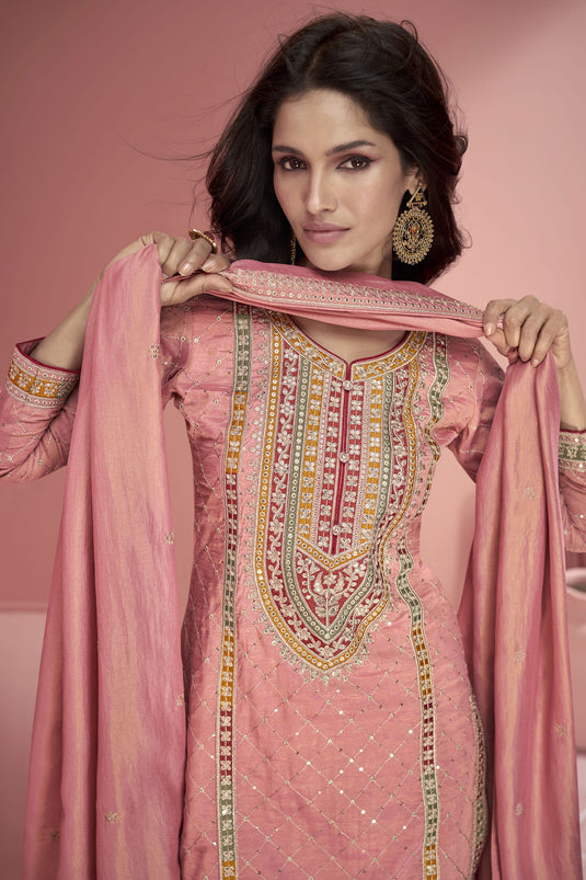 Vartika Singh Alluring Organza Silk Pink Color Function Style Readymade Palazzo Suit