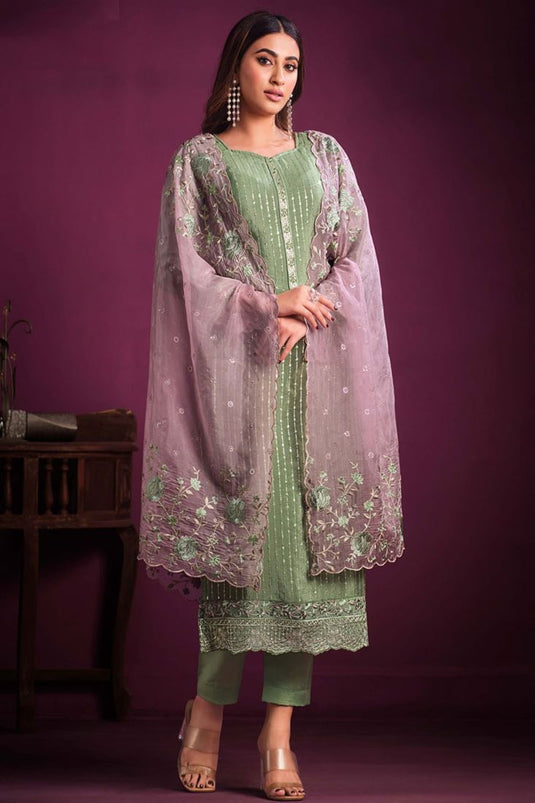 Green Color Chinon Fabric Tempting Salwar Suit For Function