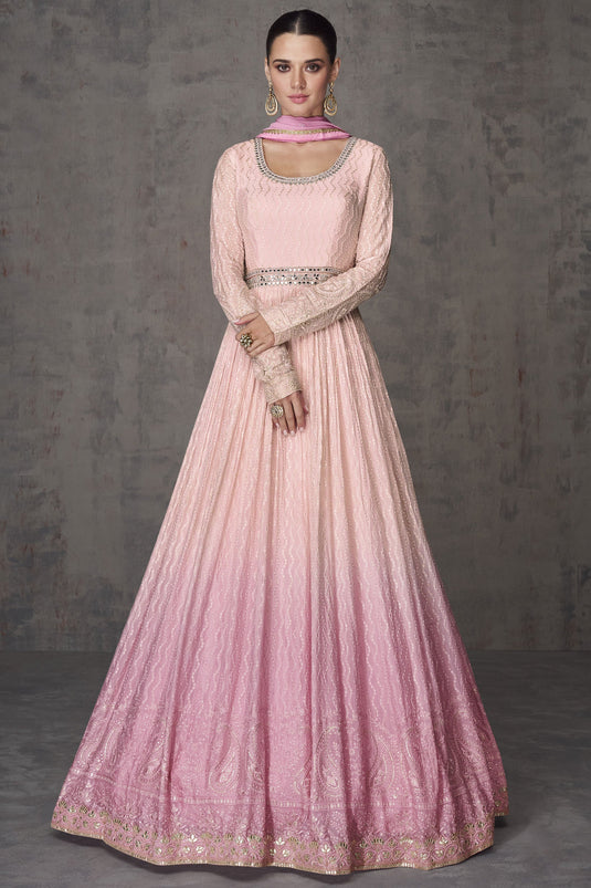 Pink Color Embroidered Readymade Anarkali Style Long Gown With Dupatta