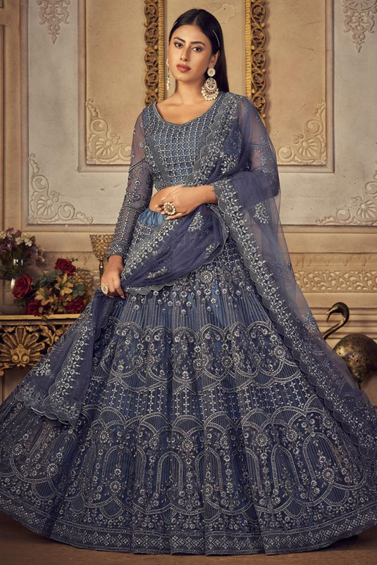 Blue Color Pretty Net Fabric Wedding Wear Embroidered Lehenga Choli