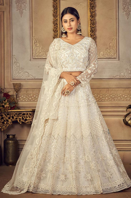 White Color Wedding Wear Attractive Embroidered Lehenga Choli In Net Fabric