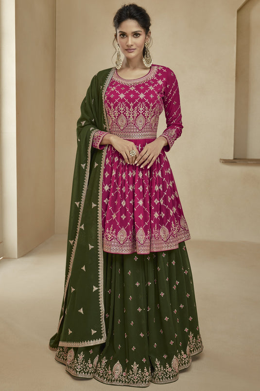 Georgette Wedding Wear 3 Piece Sharara Style Lehenga In Magenta With Embroidery Work