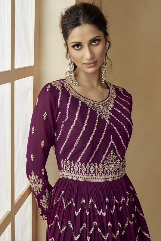 Purple Designer Wedding Sharara Style Lehenga With Embroidery Work On Georgette Fabric
