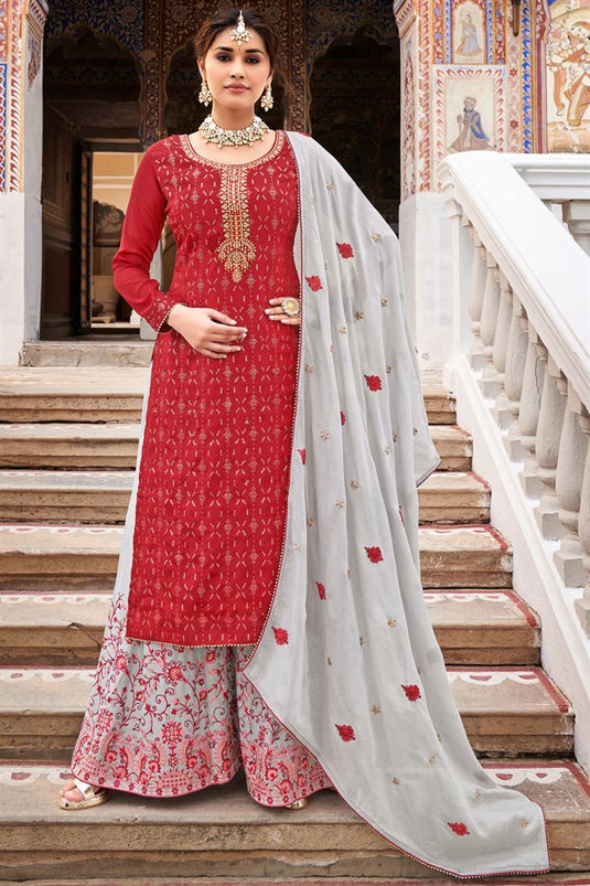 Red Color Festival Wear Engrossing Palazzo Suit In Chinon Fabric