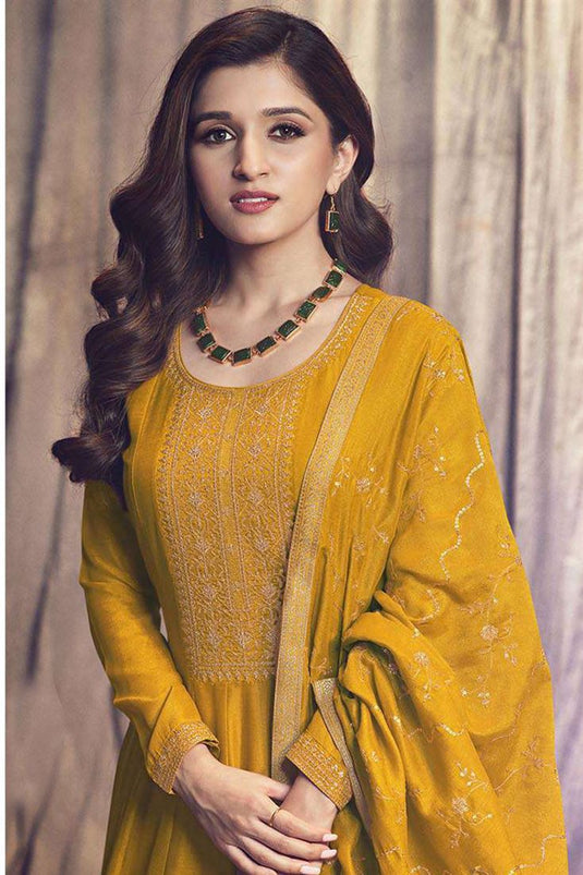 Nidhi Shah Alluring Art Silk Fabric Mustard Color Party Look Anarkali Suit