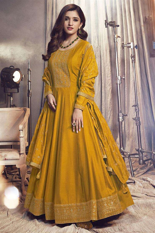 Nidhi Shah Alluring Art Silk Fabric Mustard Color Party Look Anarkali Suit