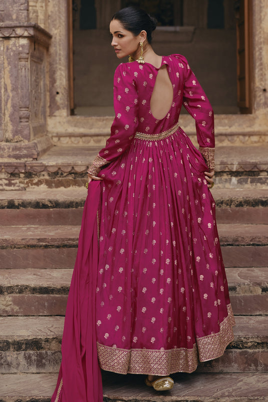 Rani Color Embroidered Readymade Long Anarkali Style Gown With Dupatta