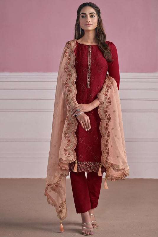 Chiffon Fabric Fancy Embroidered Function Wear Straight Cut Salwar Kameez In Maroon Color