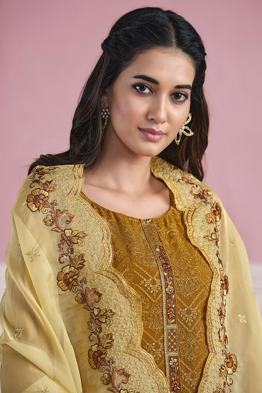 Embroidered Festive Wear Straight Cut Salwar Kameez In Chiffon Fabric Mustard Color