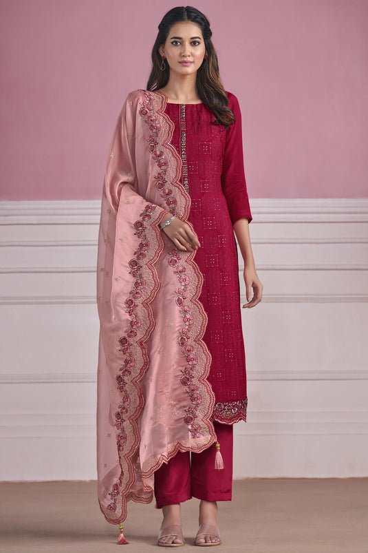 Rani Color Function Wear Embroidered Straight Cut Salwar Suit In Chiffon Fabric