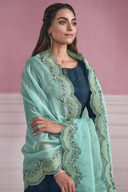 Festive Wear Embroidered Chiffon Fabric Straight Cut Suit In Teal Color
